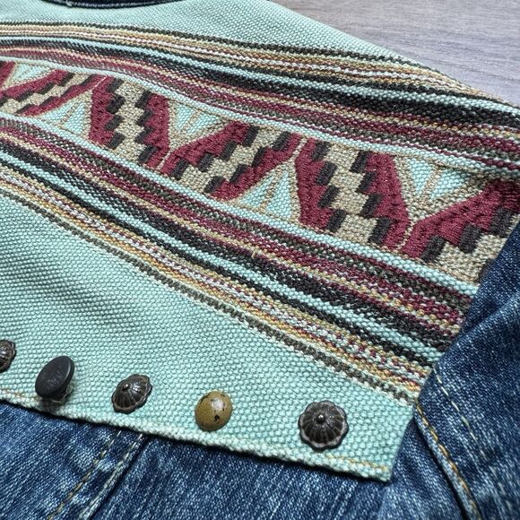 Coldwater Creek Size PM Aztec Southwestern Print Denim Blue Jean Cotton Jacket - Picture 7 of 10